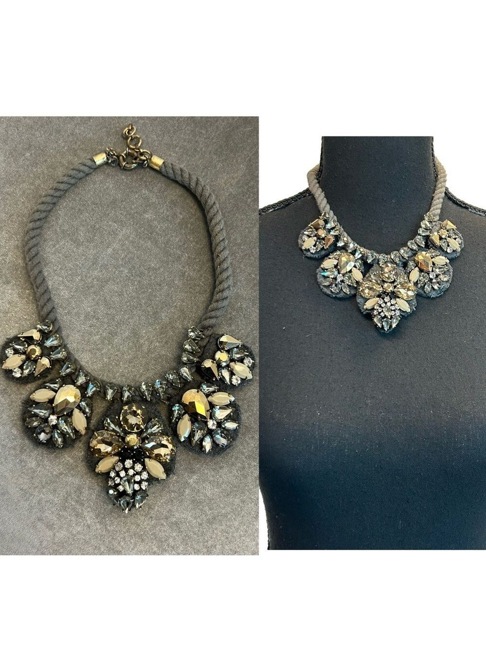 J.Crew Faceted Rhinestone Crystal Rope Bib Statement Necklace Amber gray silver